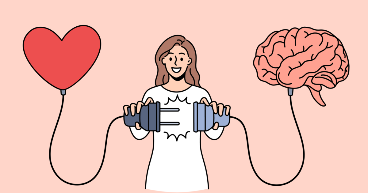 Illustration of woman plugging together the heart and mind
